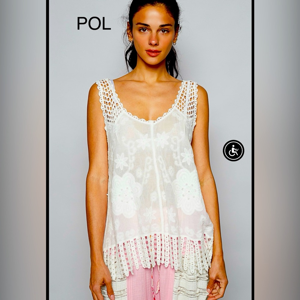 BP213-8🌷NEW! POL perfection in White Crochet Lace Tank Top w/fringe! Gorg top!